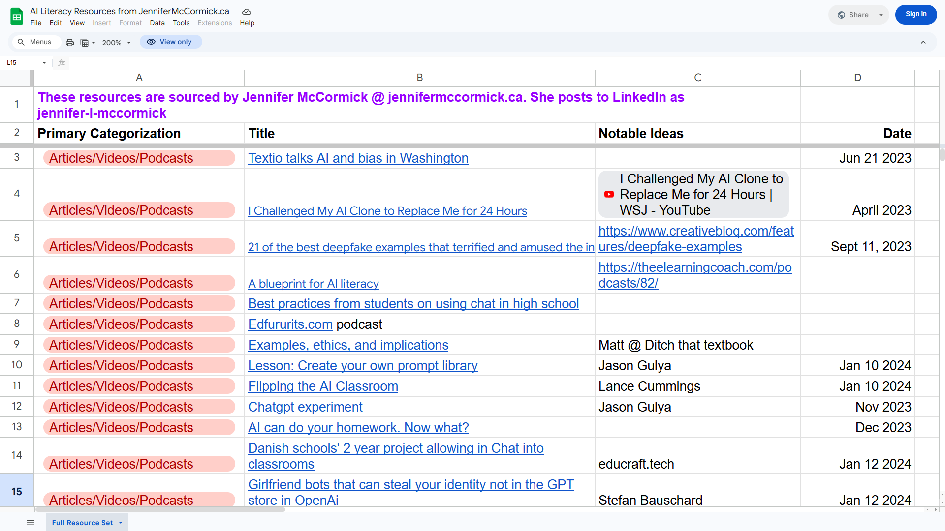 AI Literacy Resources spreadsheet preview